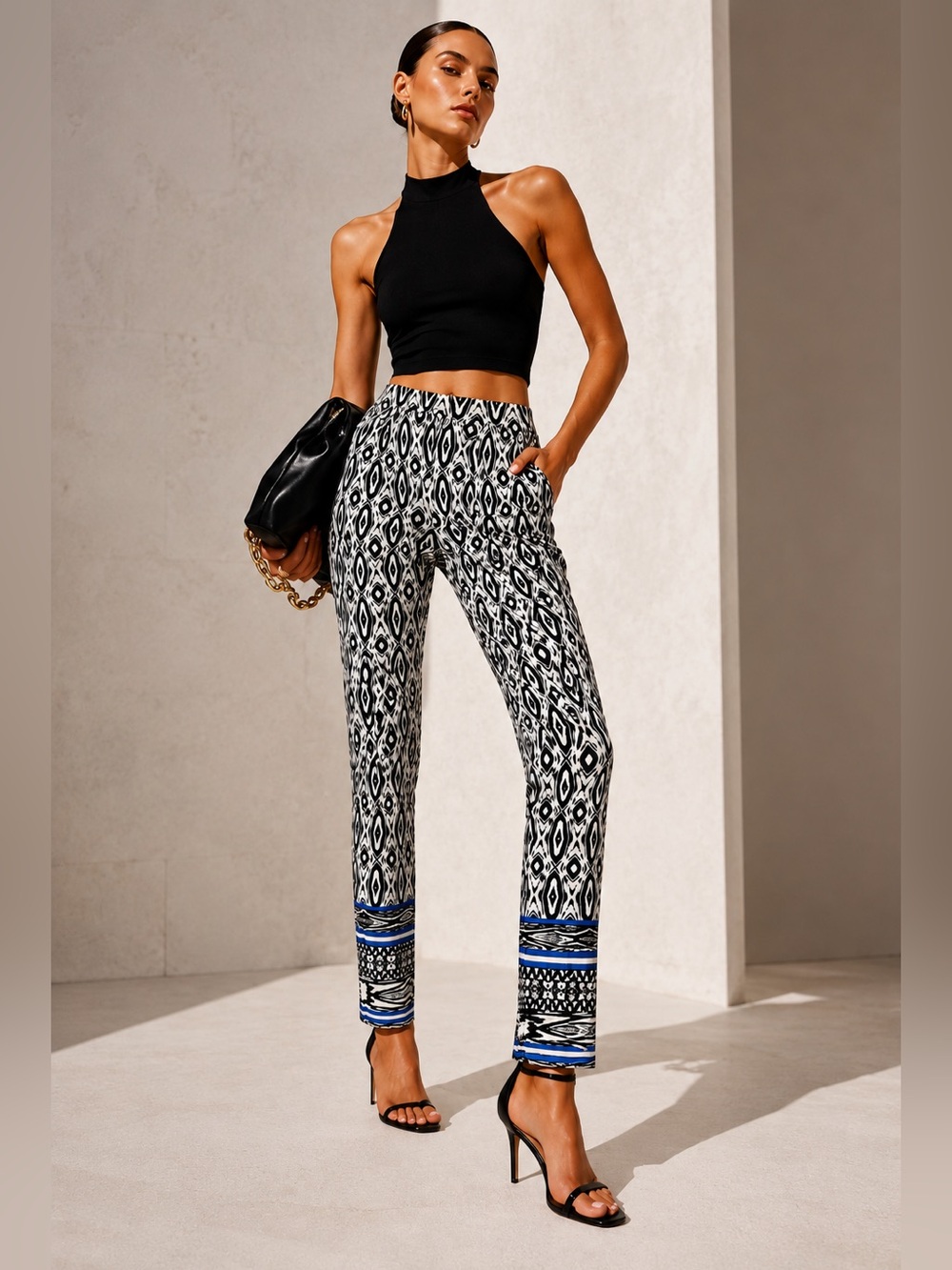bebe Geometric Print Skinny Pants Blue Accent Stretch Pull On Size M Chic Y2K